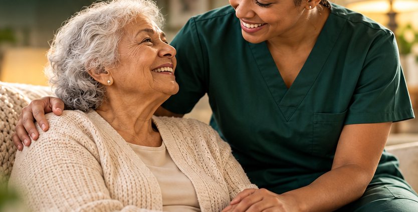 A caregiver in green scrubs shares a warm moment with an older woman seated at home